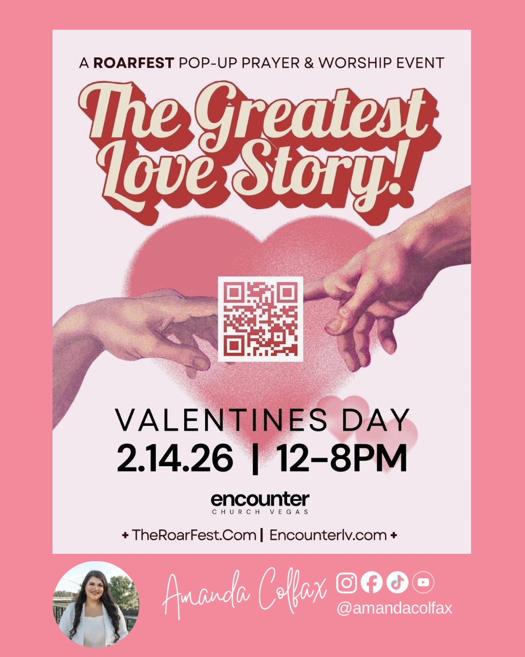 The Greatest Love Story Valentine event flyer for a prayer and worship pop-up.