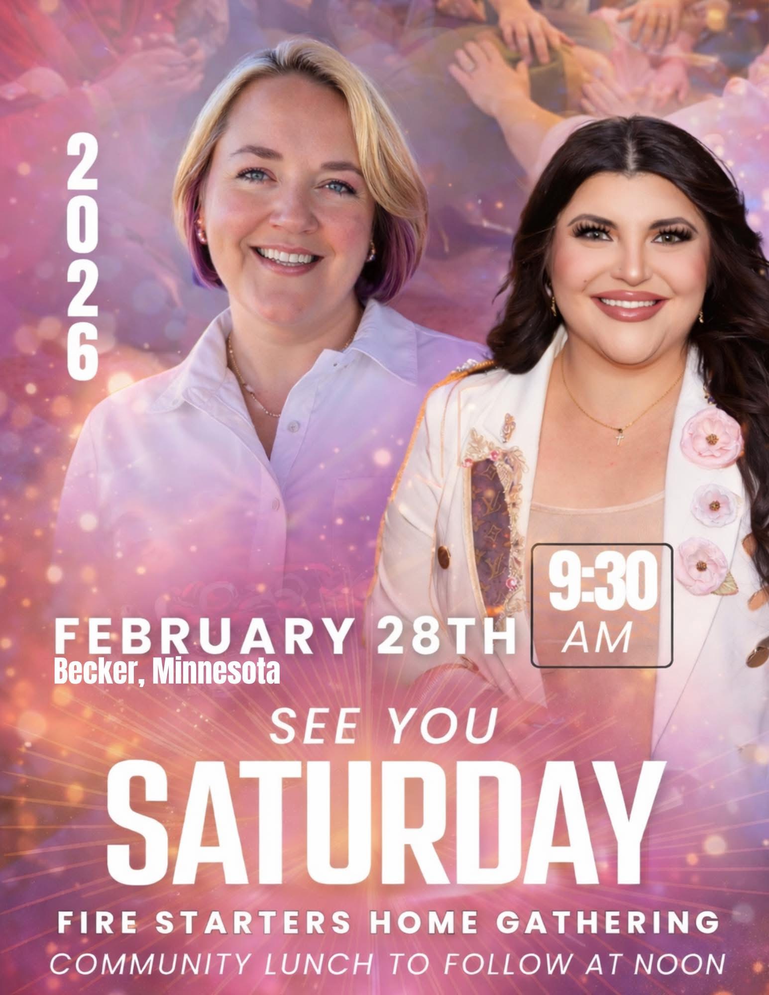 Fire Starters Home Gathering flyer showing event date, time, and Becker, Minnesota location.