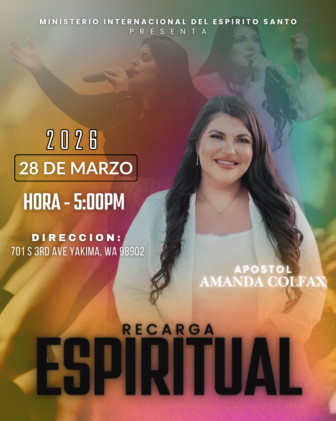 Recarga Espiritual March 28, 2026 event flyer in Spanish for Yakima, Washington.